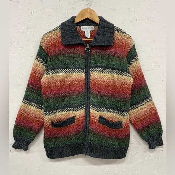 Principles Sweaters - Vintage The Bay x Principles Colourful Wool Blend Zip-Up Cardigan Sweater, S